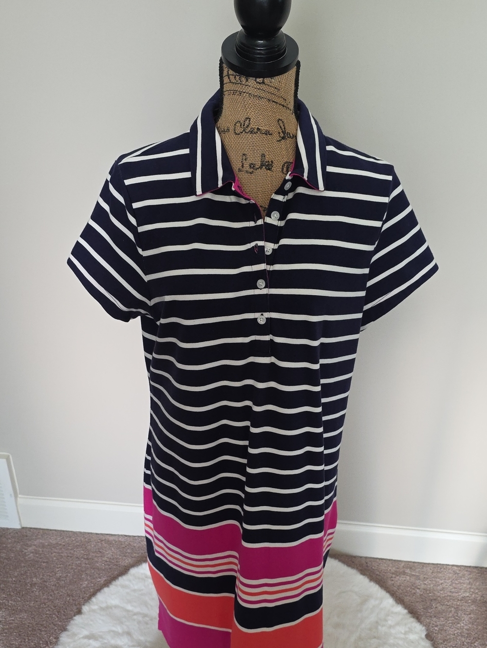 Lands' End Navy and White Striped Polo Dress with Pink Accent